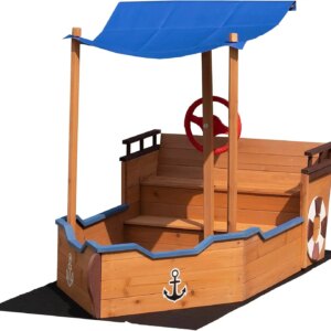 Kids Pirate Boat Wood Sandbox, Wooden Pirate Sandbox with Canopy, Bench Seats, Storage, Non-Woven Fabric Cloth for Backyard, Hom