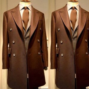 Coat Men Suit Peaked Lapel Retro Tweed Warm Coats Double Breasted OverCoat Tailor