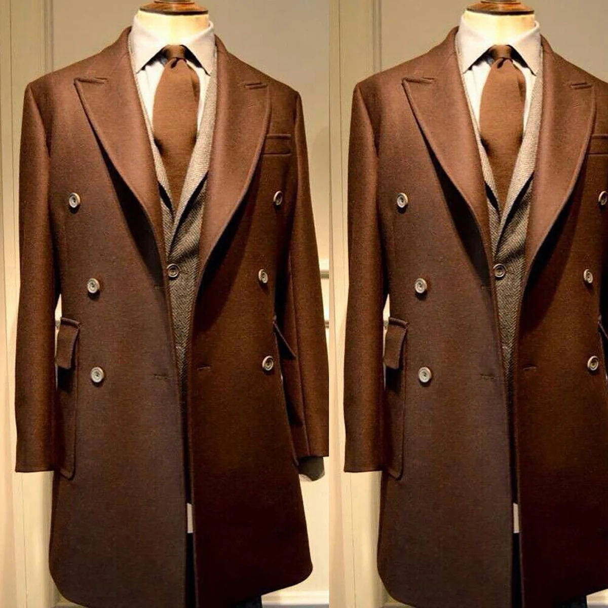 Coat Men Suit Peaked Lapel Retro Tweed Warm Coats Double Breasted OverCoat Tailor