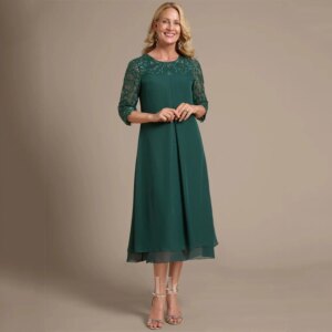 Scoop Green Mother of the Bride Dresses 2025 Simple A-Line Wedding Guest Gowns 3/4 Sleeve Elegant Dress Women For Wedding Party