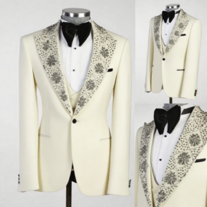 Luxury Beaded Men Groom Suits 3 Pieces Velvet One Button Blazer Wedding Tuxedos Customized Formal Prom Party Suits