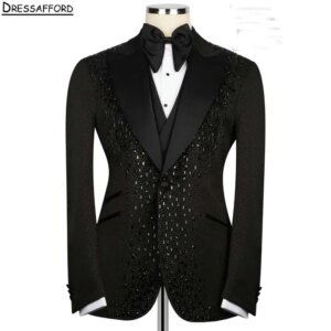 Black Formal Men Business Luxury Beading Crystal Occasion Tuxedos Grooms Wedding Party Prom Male Suit 2 Piece Set Blazer Pants