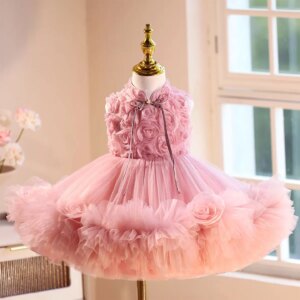 Jill Wish Lovely Pink Flower Girl Dresses with 3D Flowers Sleeveless for Baby Kids Wedding Birthday Party Pageant Ball Gown J559