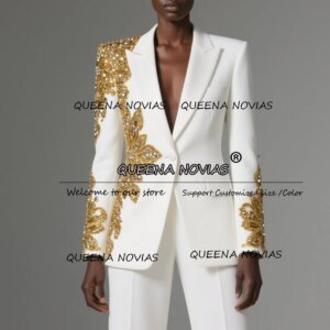 Sparkling Gold Beaded Crystals Women Suits 2 Pieces Sets Customized Mother Of The Bride Dress For Wedding Guest Party Clothing