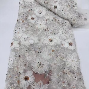 3d African Lace Fabric 2024 High Quality Lace Embroidery Beaded Sequins Tulle Nigerian Lace Fabrics For Women Dresses 5 Yards
