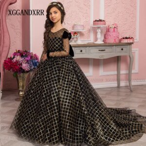 Elegant Flower Girl Black Dress 2025 Shiny Bow Back Mini Quince Birthday Party Gown Wedding Arab Daughter Princess Prom Dress