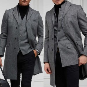 Modern Men’s Business Windbreaker Long Jackets Thick Fabric Winter Coat Streetwear Grey Blazers Lapel OverCoat Customized