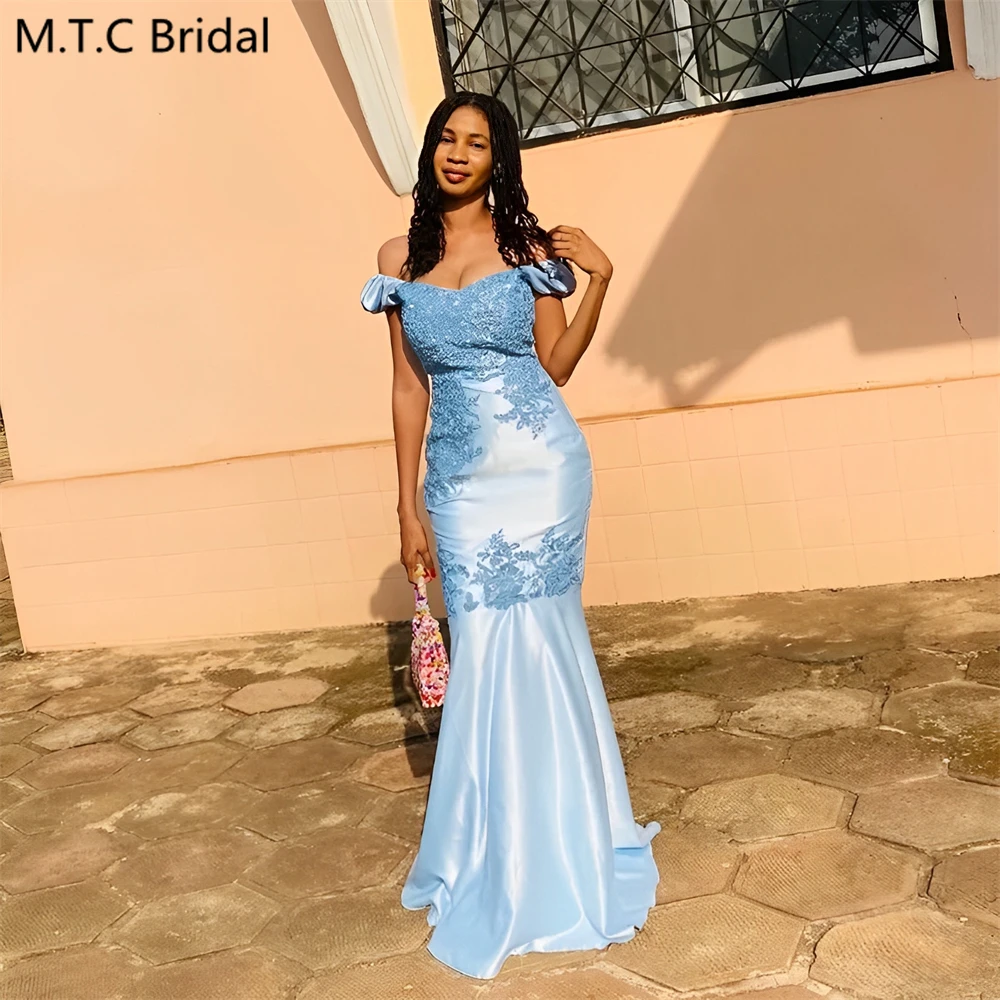 Custom Made 2025 Mermaid Sky Blue Long Bridesmaid Dresses Graceful Lace Appliques Satin Maids Of Honor Gowns Dorpshipping