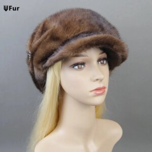 New Luxurious Ladies Fashion 100% Natural Mink Fur Visors Caps Winter Women Warm Outdoor Mink Fur Cap Full Pelt Female Fur Hats
