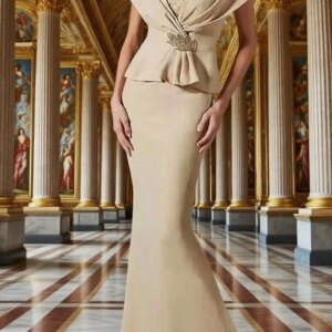 Elegant Long Mermaid Mother Of The Bride Dresses Champagne V-Neck Short Sleeves Satin Wedding Party Gowns Evening Dress