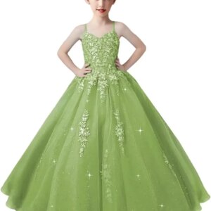 Lace Applique Tulle Pageant Gowns for Girls Ball Gown Flower Girl Dress Princess Toddler Kids Prom Pageant   Dress