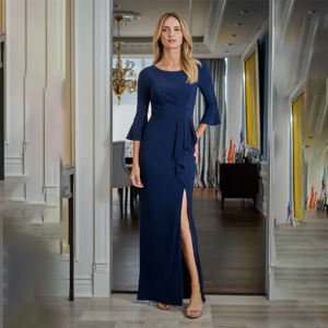 Elegant Dark Blue O-neck Straight Formal Mother Of The Birde Dresses Tea-Length Split skirt Prom Gowns