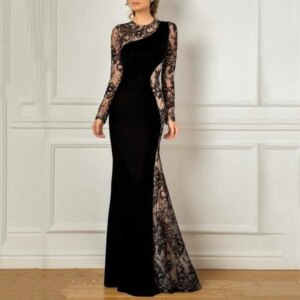 Trumpet Mother of the Bride Dress Wedding Guest Elegant Black Dress Party Jewel Neck Floor Length Lace Velvet Long Sleeve