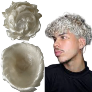 Malaysian Virgin Human Hair Hairpieces 60# Platinum Color 32mm Wave Knots PU Toupee 8×10 Skin Unit for White Men