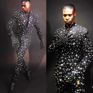 Full Crystal Tuxedos For Men Wedding Slim Fit Gorgeous Tailored Peaked Lapel Jacket 2 Pieces Male Costume