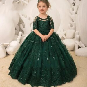 Flower Girl Dress Pageant Gown For Wedding Lace Appliques Princess Kids Birthday Party First Holy Communion Gowns Sequins
