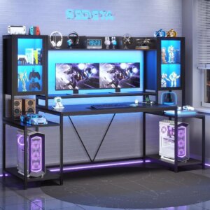 Gaming Desk 74.8” with LED Lights, Hutch and Storage Shelves, Computer Desk with Monitor Stand, Large PC Gamer Desk Workstatio