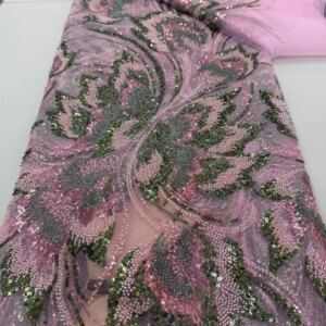 Pink African Sequins Lace Fabrics High Quality 5 Yards Embroidery French Nigerian Tulle Lace Fabric For Wedding Party W673-1