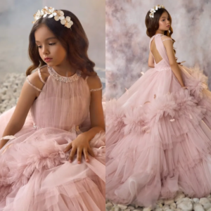 Dusty Pink Flower Girl Dresses Feather Baby Girl’s Birthday Party Gowns Customized Beaded Kids First Communion Dresses