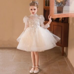 Dreamy Vow Elegant White Baby Girl Dress Tulle Long Sleeves Wedding Birthday Party First Communion Knee Length Ball Gown J437