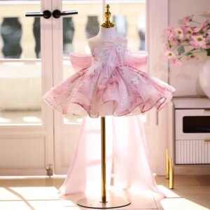 Pink Flower Girls Dress, Off – Shoulder Tulle Gown with Big Bow Sparkly Sequins, Elegant Ball Gown for Party Birthday Wedding