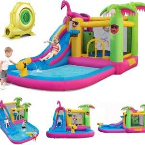 Inflatable Bounce House with Waterslide & Ball Pit for Outdoor with Ocean Balls, Bouncy Castle Water Slide with 735W Air Blower