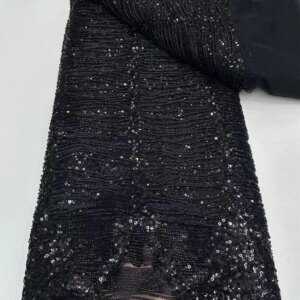 African Lace Fabric 5 Yards 2024 High Quality With Beads Black Embroidered French Nigerian Sequin Lace Fabric For Wedding A385-2