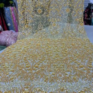 Luxury Gold African Sequins Mesh Lace Fabric 2025 French Beads Heavy Net Lace Fabric For Nigerian Bride Wedding Party Dress