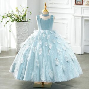 Jill Wish Luxury Dubai Sky Blue Girl dresses High-Neck Feather Arabic Princess Kids Birthday Wedding Party Ball Gown J128