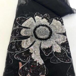 Latest Luxury Embroidered Tulle 5Yard African Black Beaded lace Sequin Mesh Lace Nigeria French Fabric For Wedding Dress A1128-1