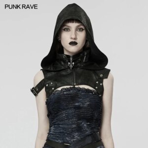 PUNK RAVE Women’s Gothic Performance Punk Rock Unisex Steampunk Party Cospaly Hooded Black Accessory Crack Fabric Stitching