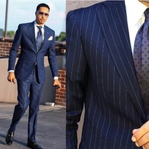 Business Men’s Suit 2 Pieces Pinstripe Blazer Pants Bow Collar Buckle Formal Work Wear Wedding Prom Customized Size Color
