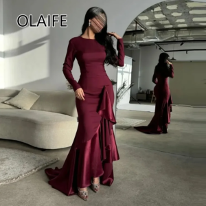 Long Sleeve Dubai Arab Dres O-neck Satin Tiered Pleated Floor-Length Backelss Court Evening Gown Customized