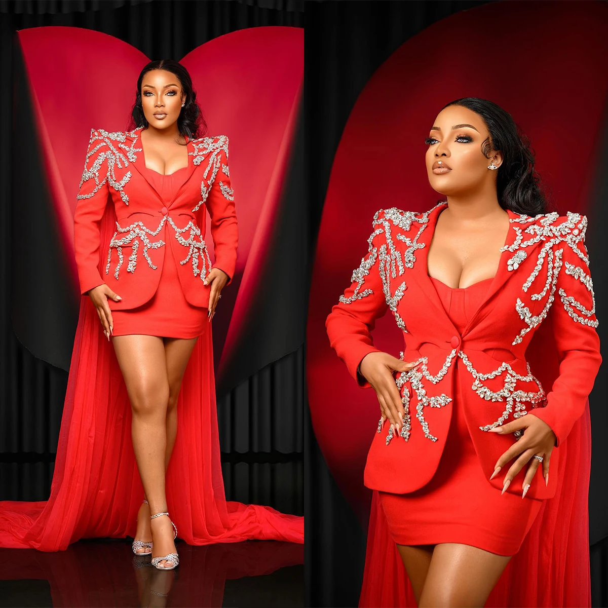 Crystal Beaded Women Blazer Jacket With Tulle Cape One Piece Wedding Guest Outwear Formal Party Jacket