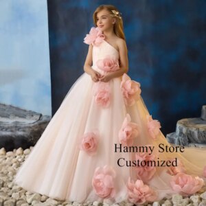 Pink Flower Girl Dress Birthday Party Dresses Customized One Shoulder Sleeveless Handmade Flowers First Communion Gown