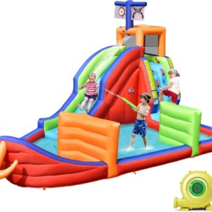 Inflatable Water Slide, Pirate Ship Waterslide Park for Kids Backyard Fun w/735W Blower, Dart Game, Splash Pool, Blow up Water S