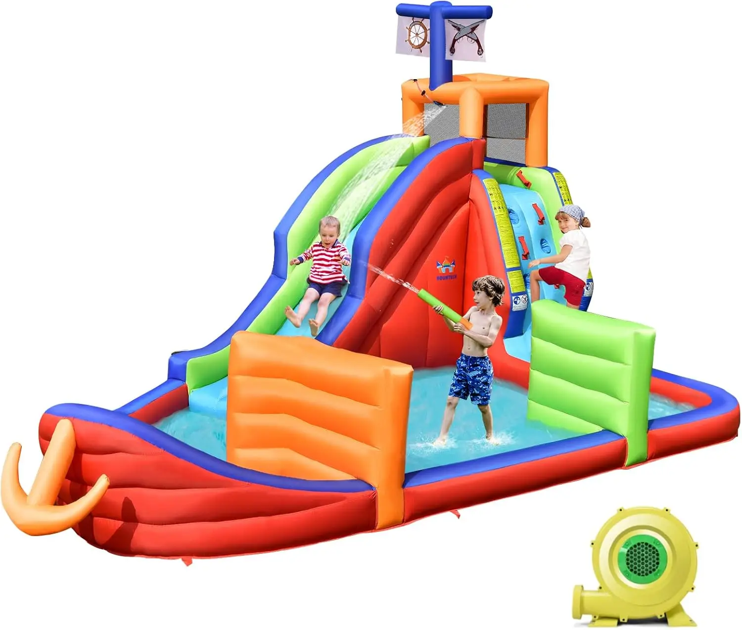 Inflatable Water Slide, Pirate Ship Waterslide Park for Kids Backyard Fun w/735W Blower, Dart Game, Splash Pool, Blow up Water S