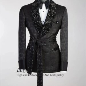 Luxury Metal Embellished Men Suits Peaked Lapel Groom Tuxedos 2 Pieces Sets Party Prom Blazer Customized Beadeds Costume Homme