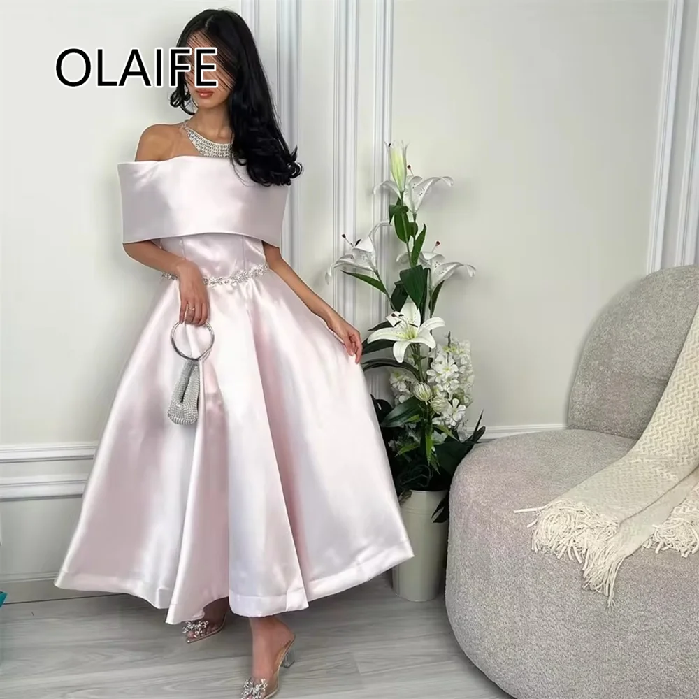 Elegant Boat Collar Satin Bridesmaid Dres for Wedding Backless Tea-Lengtth A-line Evening Arab Gown with Crystal Customized