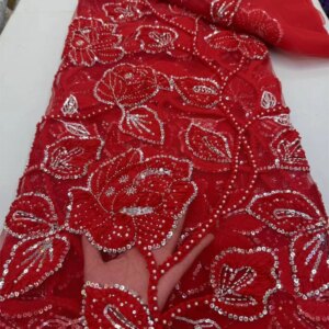 African Lace Fabric 2025 High Quality 5 Yards Red Sequin Lace Fabric luxury Embroidered Lace Fabrics Beaded Lace Dresses A1178-1