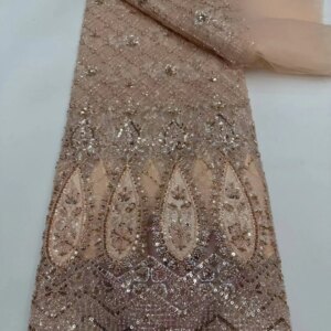 5 Yards Dubai Lace Fabrics Quality 2024 Hollow Chiffon Beaded Tulle Lace Fabrics Sequins French Mesh Fabrics For Sewing KB4969