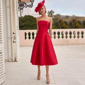 Red Satin Mother of the Bride Dress with Wrap Flowers A Line Tea Length Midi Wedding Guest Gowns for Women 2025