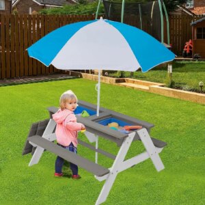 Kids 3-in-1 Sand & Water Activity Table,Outdoor Wooden Picnic Table with Umbrella,Convertible Sand & Wate,2 Play Boxes, Removabl