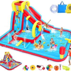 Inflatable Water Slide for Kids with Water Obstacle Hurdles, 13x10FT Blow Up Water Park w/Slide/Deep Pool with Sprinkler/Large S