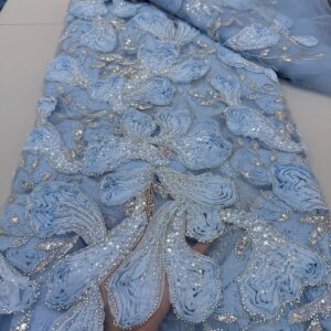 African Purple Lilac 3D Flower Beaded Sequins Lace Fabrics Beads Tulle Lace Fabric Embroidered Lace Fabrics For Sewing KB4965