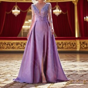 Charming Lilac Mother of the Bride Dress 3/4 Sleeves V Neck Mother Gowns Beading Front Slit Wedding Party Dress Customized