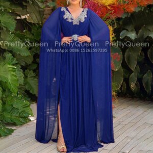Customized A Line Long Sleeves Mother Of the Bride Dresses Royal Blue Chiffon Appliques Beaded Side Slit V Neck Prom Dress