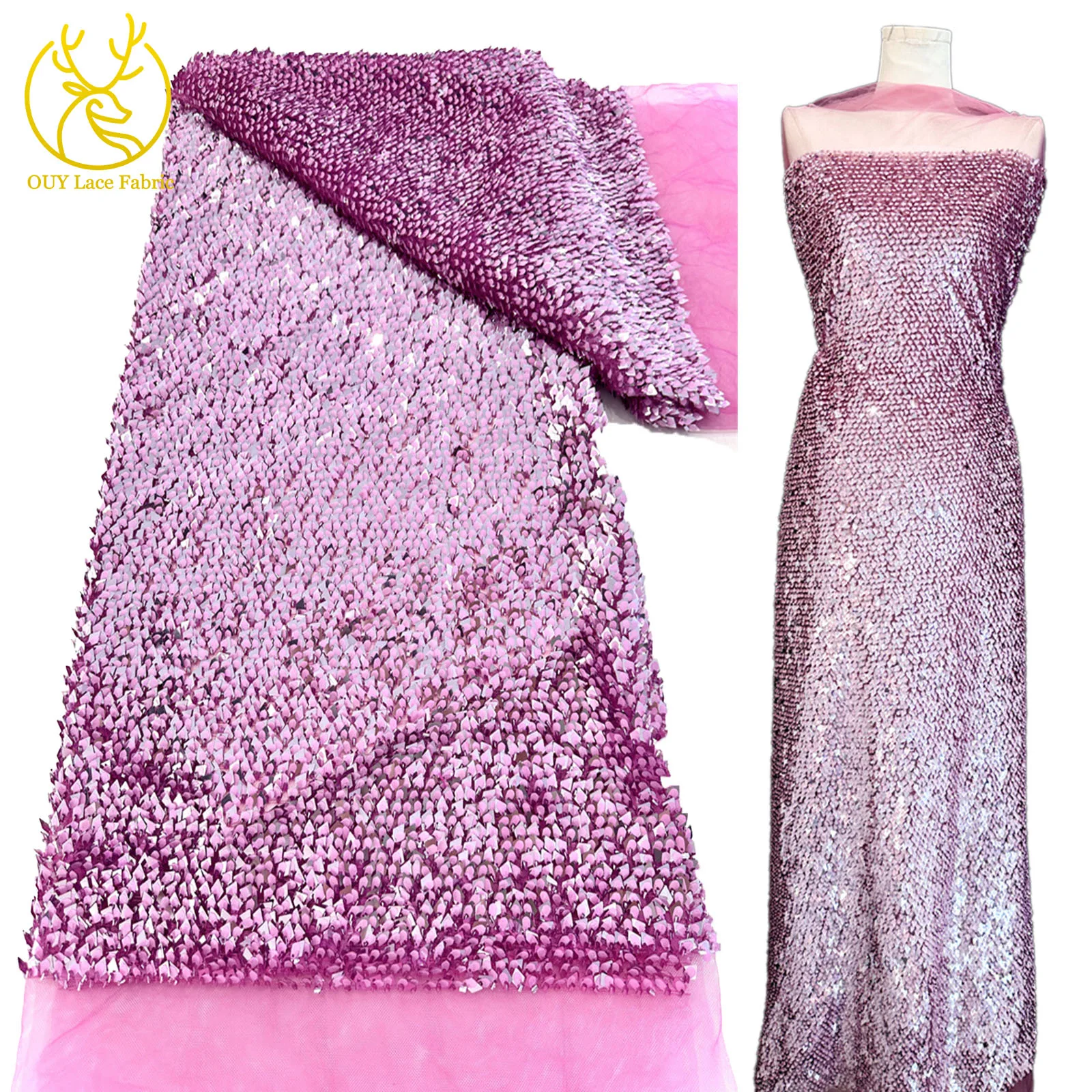 Pink Large Sequins High Quality African Lace Fabric 2025 French Mesh Sequin Fabric Sewing Decorative Tulle Nigerian Lace Fabrics