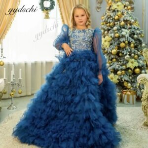 2025 Exquisite Navy Blue Long Sleeves Flower Girl Dresses For Wedding Princess Tulle Tiered Appliques Kids First Communion Gowns