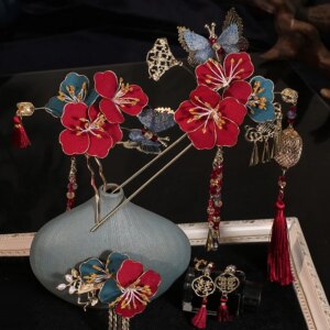 New Chinese Style Wine Red Contrast Blue Flower Reiki Classical Hair Accessories National Headdress Suit Wholesale